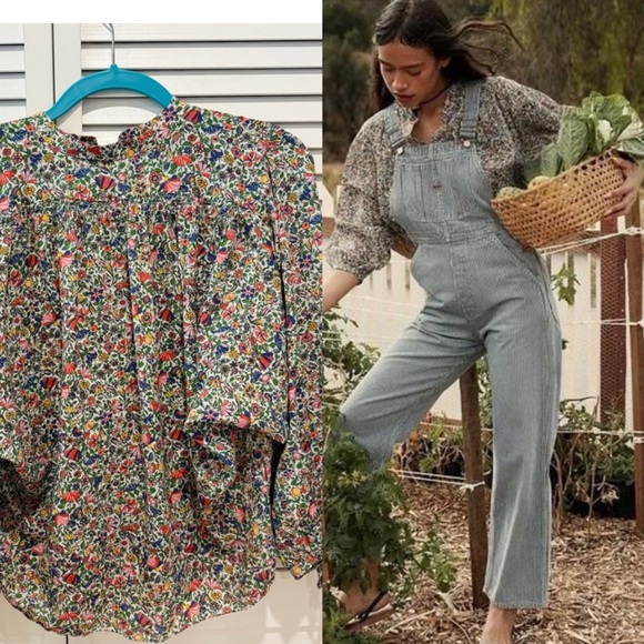 Doen Floral Blouse with Blue Overalls - Picture 1 of 7